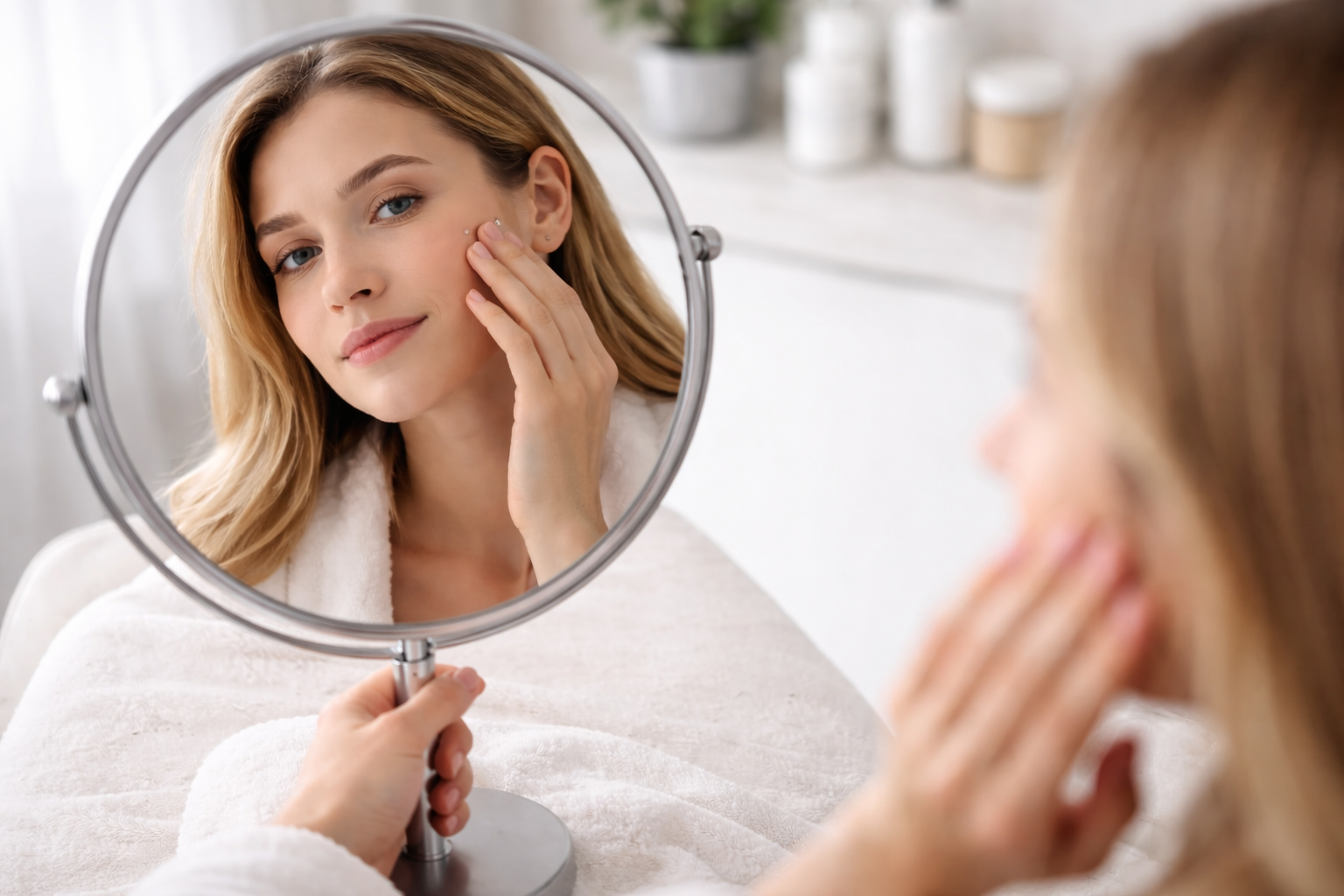 A calm, serene image of a skincare consultation in a modern clinic